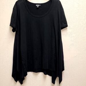 DKNY Tunic Trapeze Tee Womens Sz S Black Sheer Panel Sharkbite Hem Cotton Silk